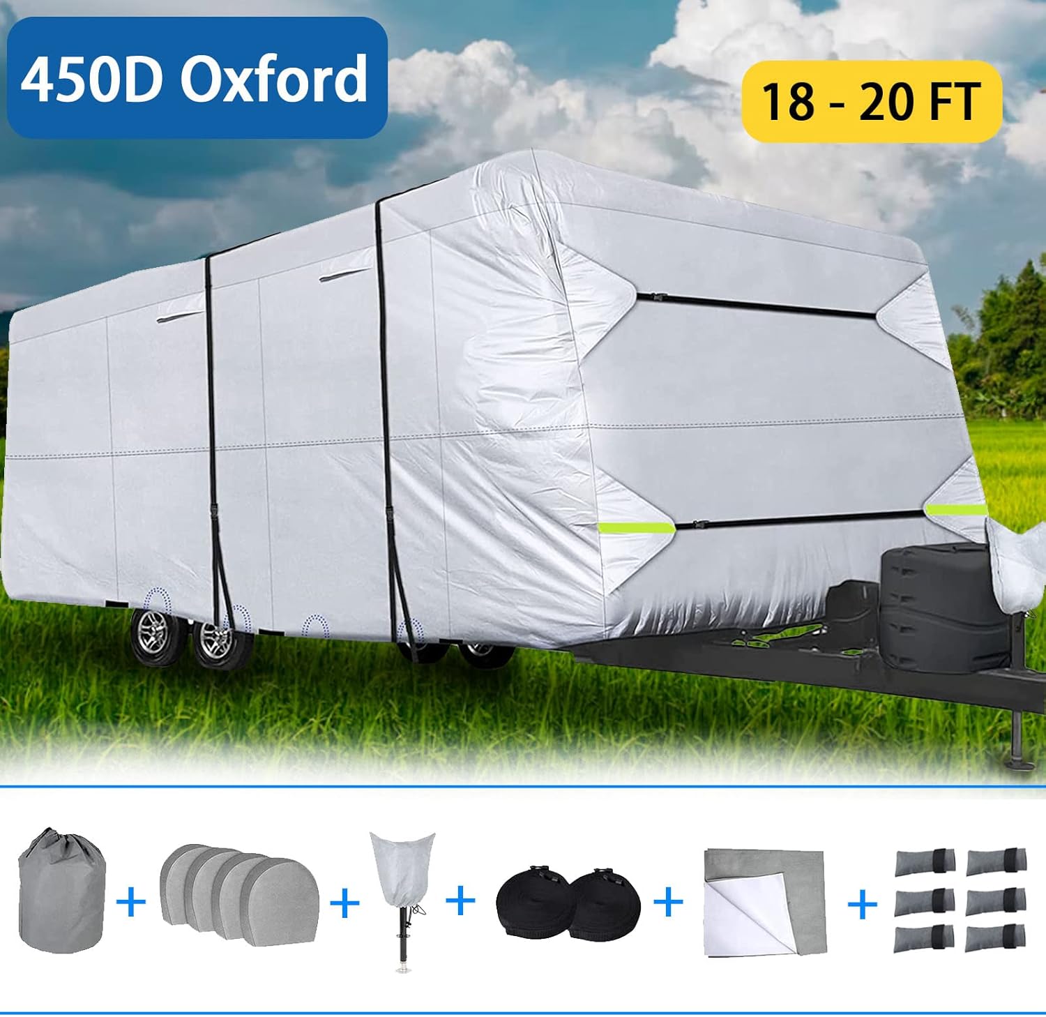 450D Double Oxford Cloth Travel Trailer RV Cover with Lashing Straps Q727