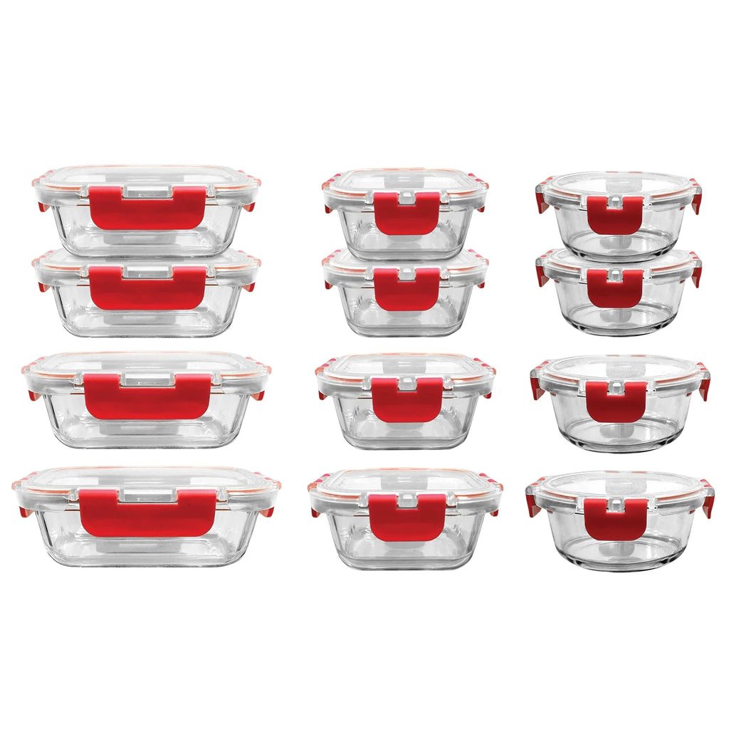 24-Piece Glass Food Storage Set with Locking Hinge Red Lids N3999