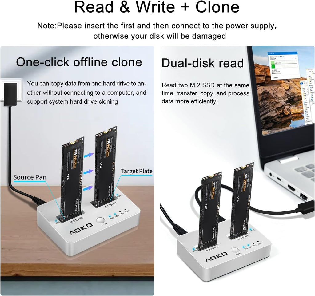 M.2 NVMe Dual-Bay Docking Station Clone Duplicator, USB C 3.2 Vertical External NVMe Enclosure M49782