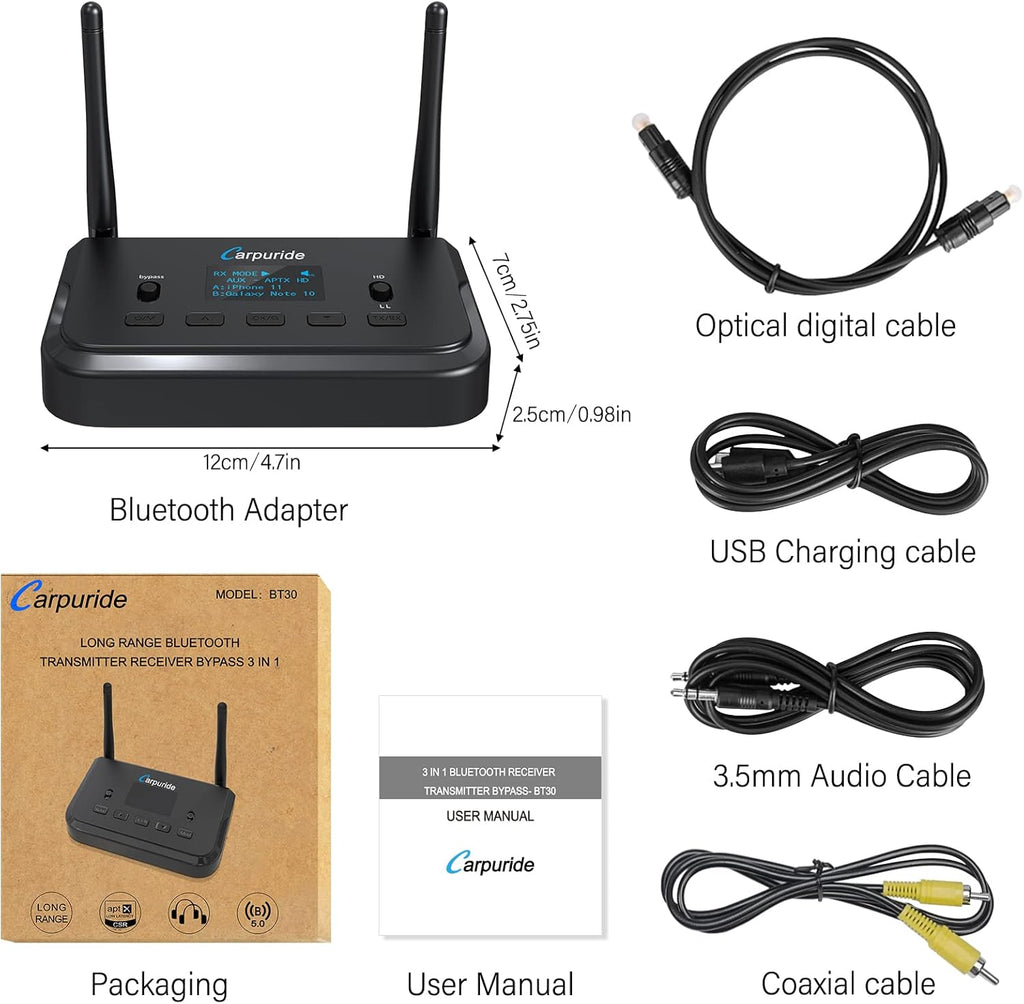 Bluetooth 5.0 Audio Adapter with Screen, Optical RCA AUX Coaxial N179
