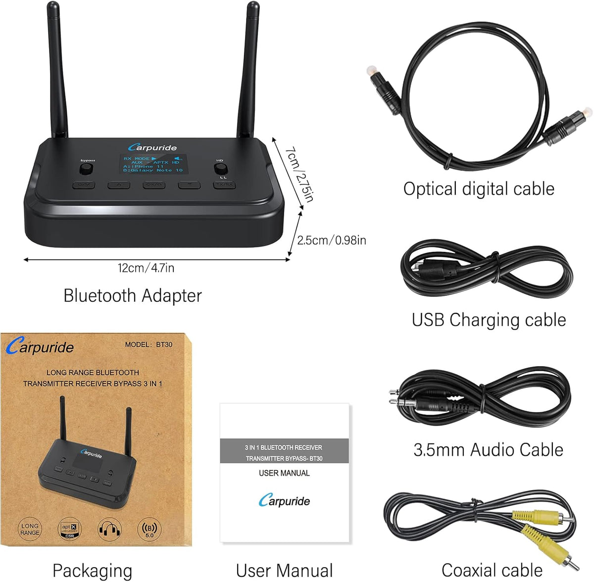 Bluetooth 5.0 Audio Adapter with Screen, Optical RCA AUX Coaxial N179