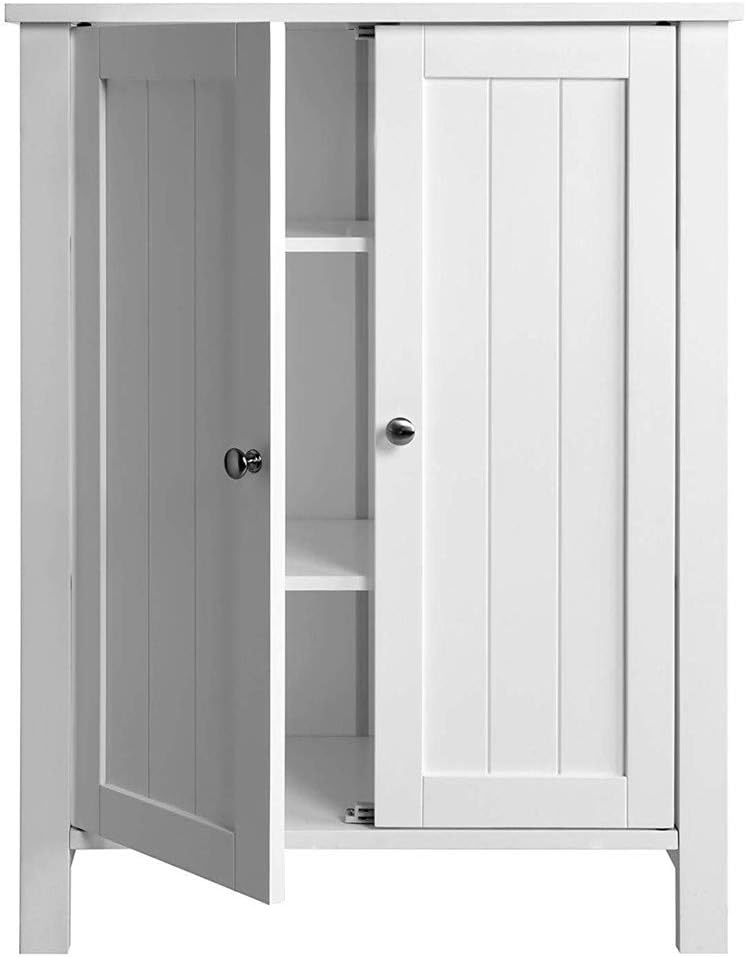 White Wood Bathroom Floor Storage Cabinet with Double Door and Adjustable Shelf K41965