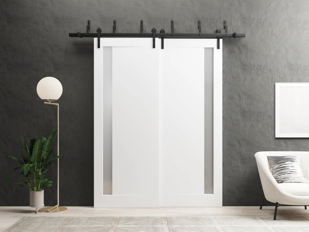 Solid French Double Doors 48 x 84 inches Matte Black with Frosted Glass Wood Solid Panel Frame Trims X364131