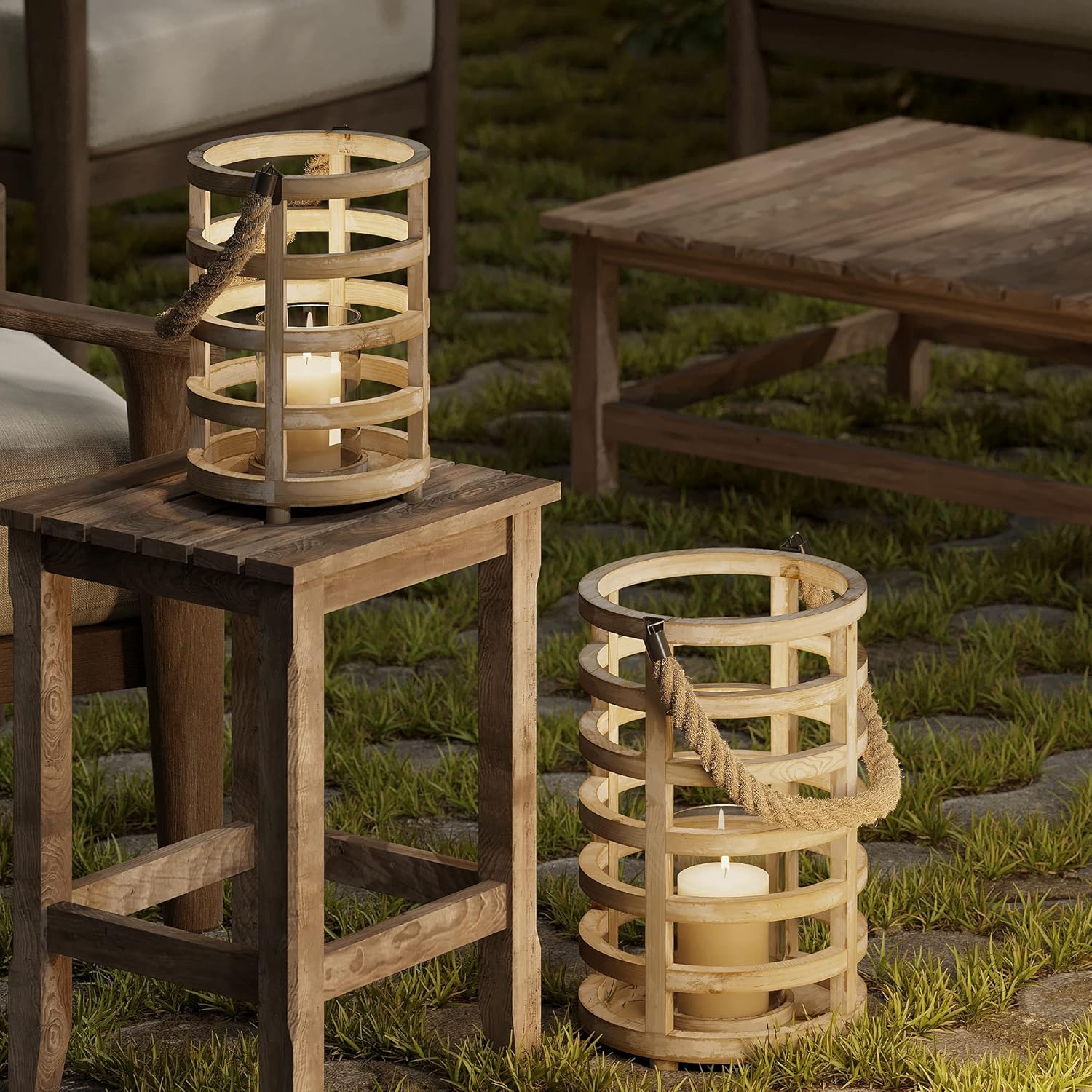 Whitewash Wooden Lantern Candle Holders, Set of 2 V31115