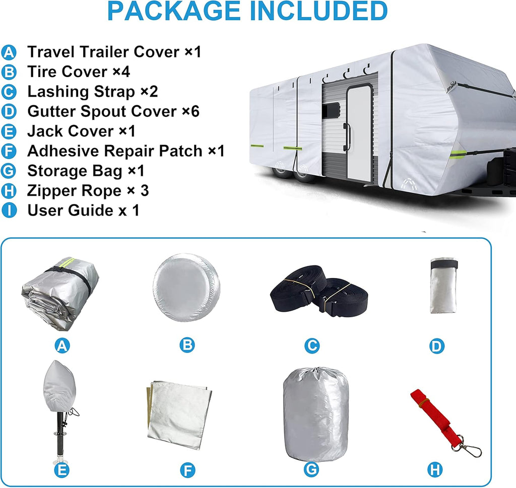 Travel Trailer Cover, 500D Rip-Stop Windproof RV Cover Fits 20'-22' Motorhome, Waterproof Camper Cover with Tire Covers, Windproof Straps, Tongue Jack Cover, Gutter Covers U88409