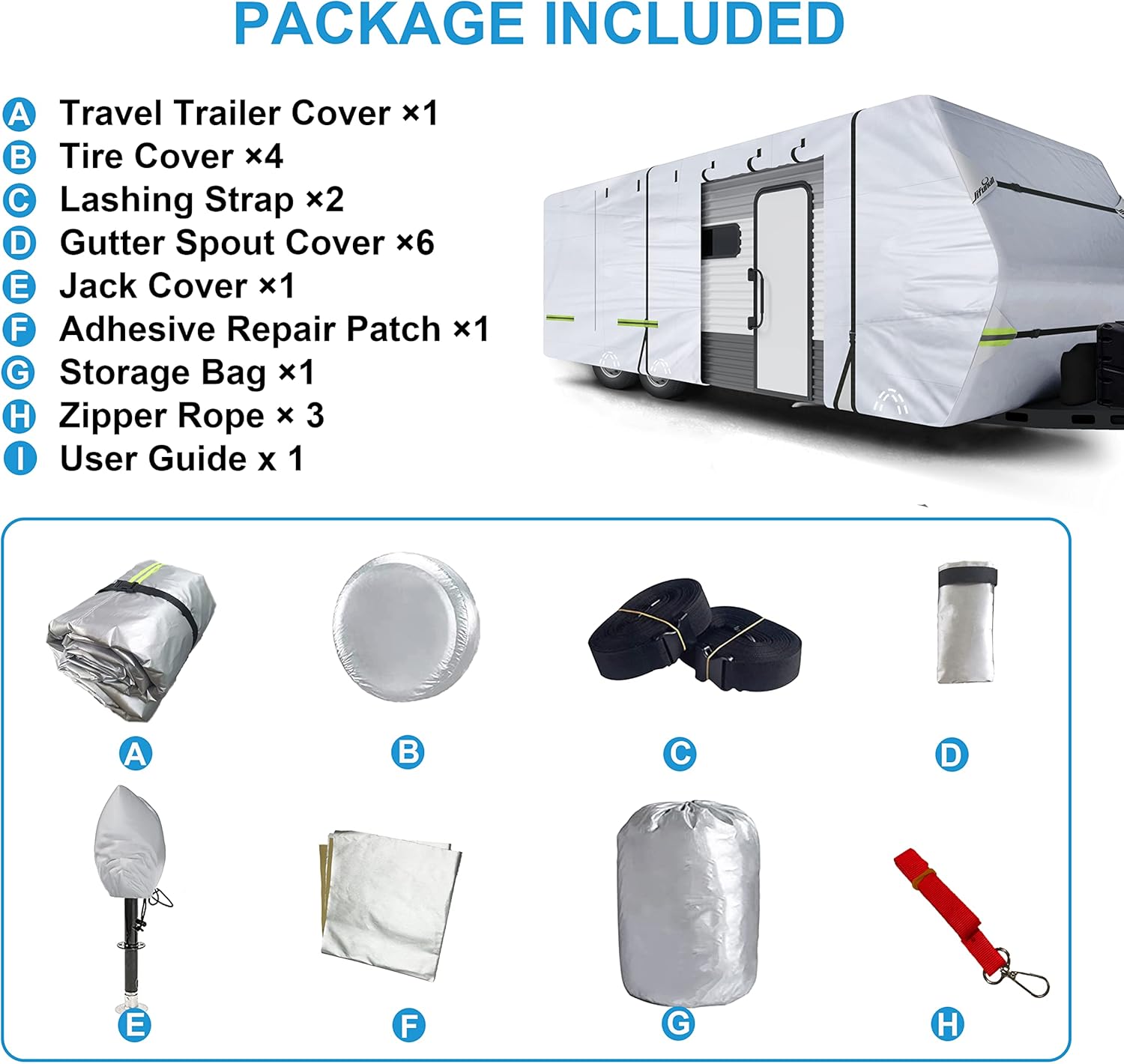 Travel Trailer Cover, 500D Rip-Stop Windproof RV Cover Fits 20'-22' Motorhome, Waterproof Camper Cover with Tire Covers, Windproof Straps, Tongue Jack Cover, Gutter Covers U88409