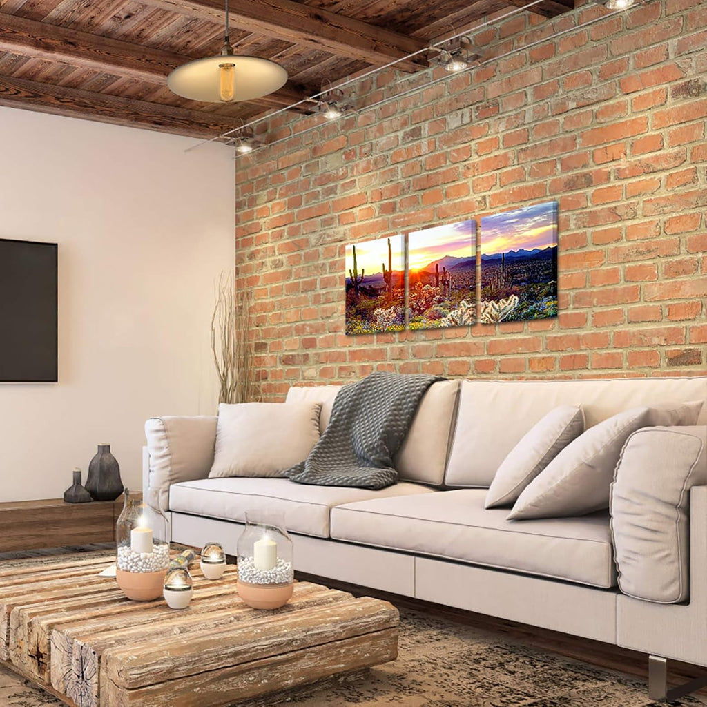 3 Piece Saguaro Cactus Canvas Wall Art Sunset at Arizona Sonoran Desert Landscape Painting Print X259