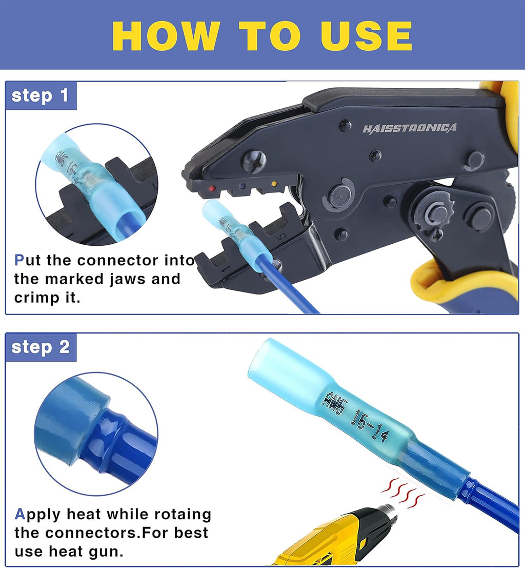 Crimping Tool for Heat Shrink Connectors with 200PCS Marine Grade Heat Shrink Butt Connectors of Tinned Red Copper AWG 20-10 N820