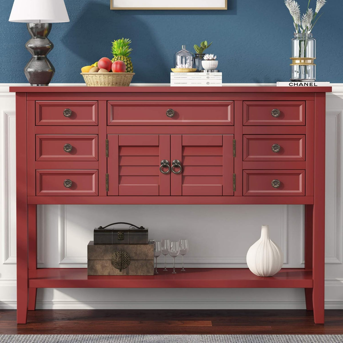 Buffet Table with Cabinet, 7 Storage Drawers and Bottom Shelf M6336