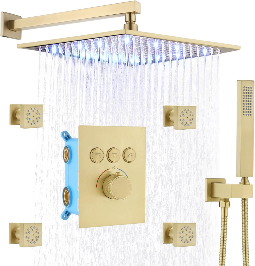 Matte Black 12 Square LED Rain Showerhead with Thermostatic Valve T863220