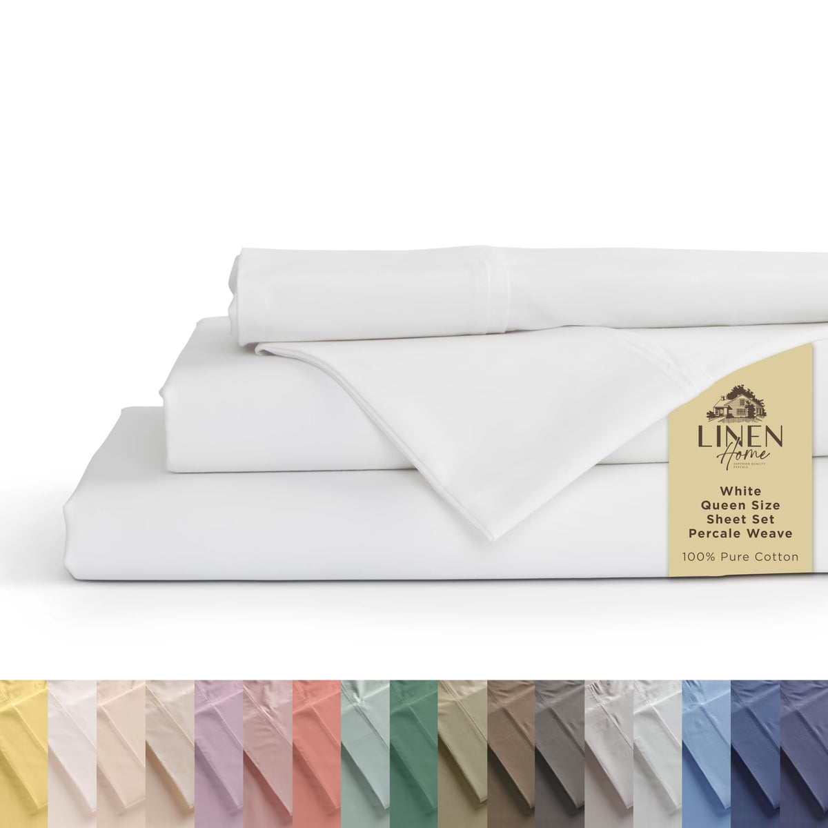 Queen Size 100% Cotton Percale Sheets, 4 Piece Set, White N266