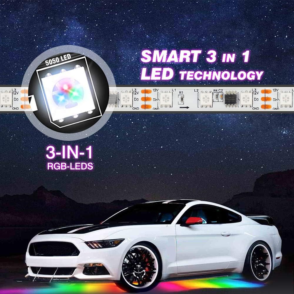 6 Pcs Underglow LED Lighting Kit, Multi Colors, Waterproof (4×60cm+2×150cm) B603968