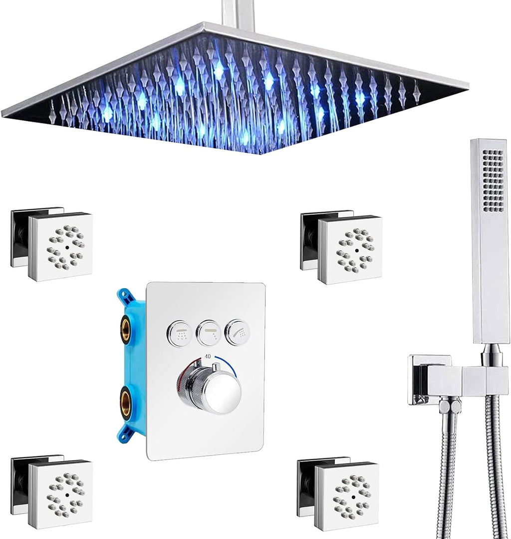Matte Black 12 Square LED Rain Showerhead with Thermostatic Valve T863220