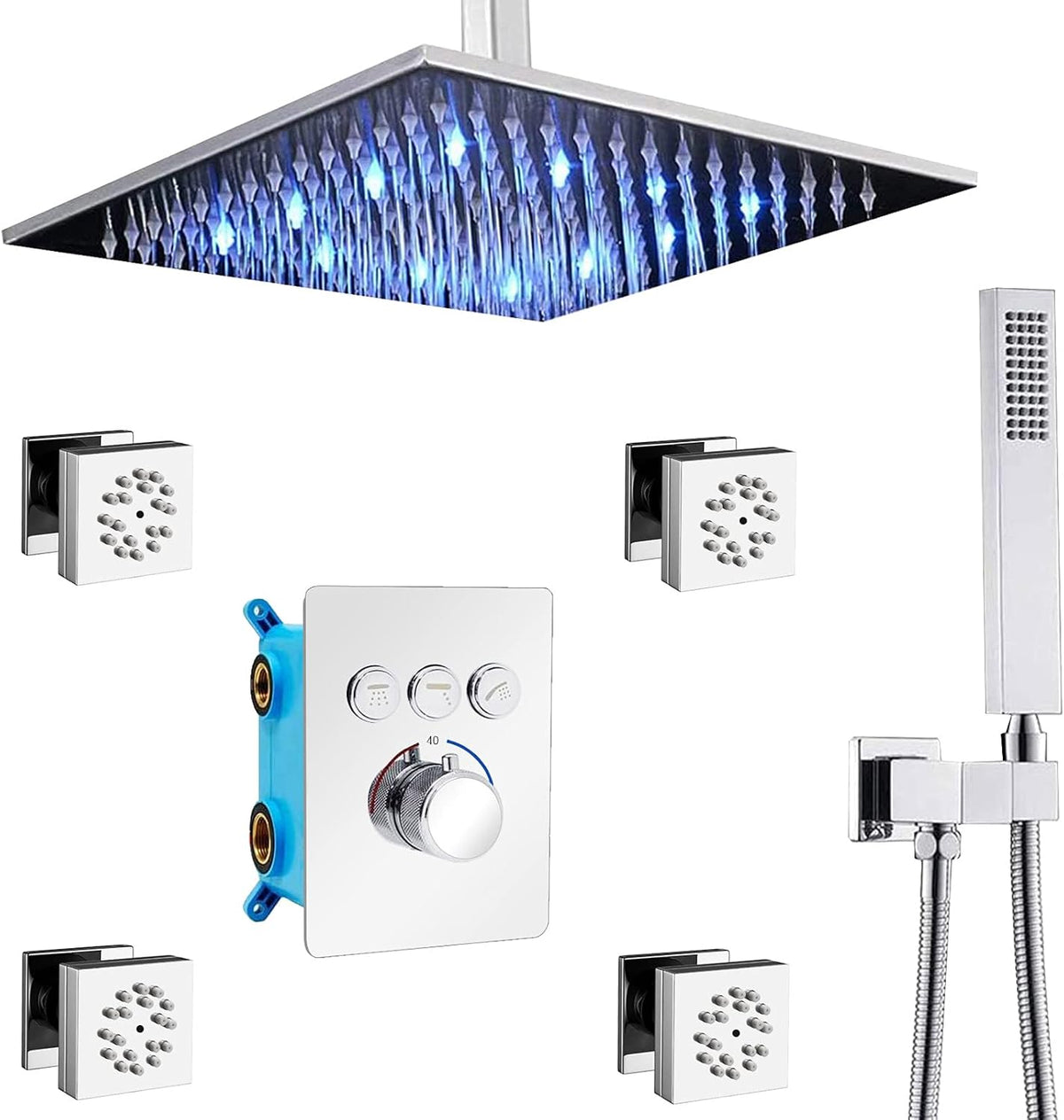 Matte Black 12 Square LED Rain Showerhead with Thermostatic Valve T863220