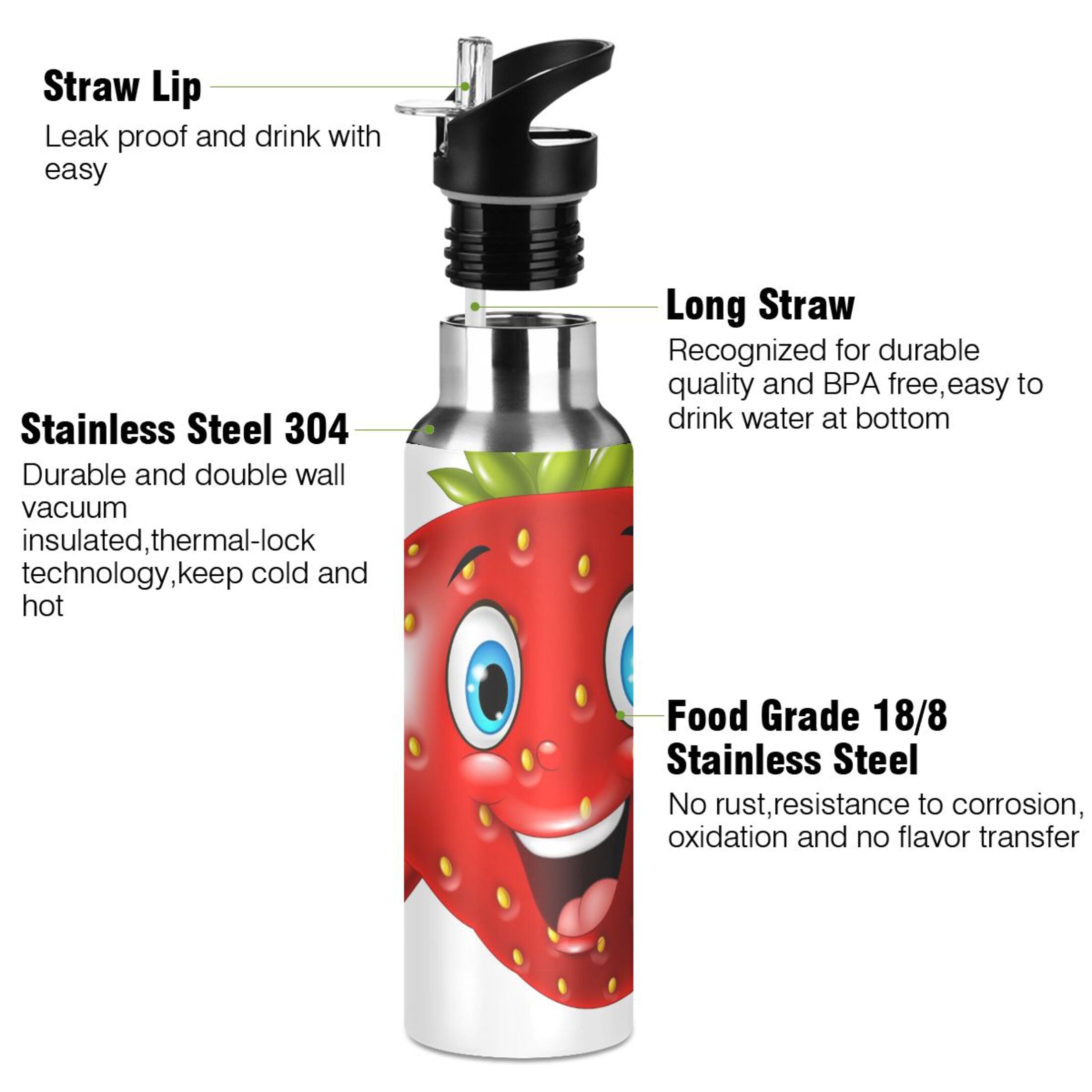 Strawberry Stainless Steel Insulated Water Bottle with Straw Lid P8600