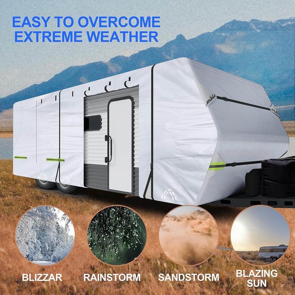 Travel Trailer Cover, 500D Rip-Stop Windproof RV Cover Fits 20'-22' Motorhome, Waterproof Camper Cover with Tire Covers, Windproof Straps, Tongue Jack Cover, Gutter Covers U88409