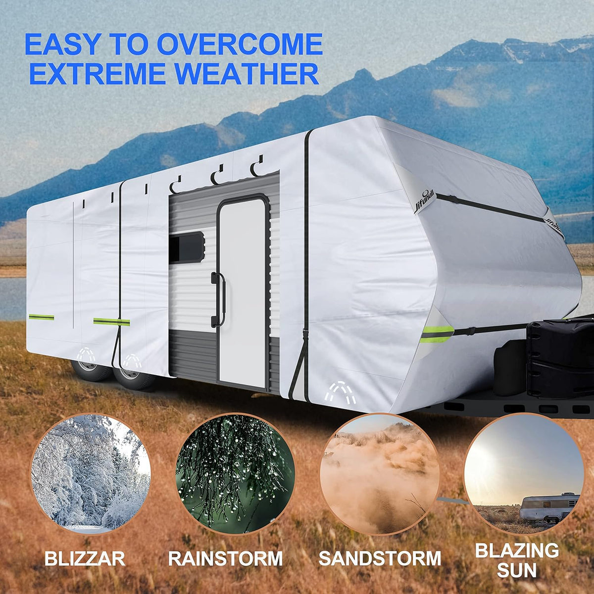Travel Trailer Cover, 500D Rip-Stop Windproof RV Cover Fits 20'-22' Motorhome, Waterproof Camper Cover with Tire Covers, Windproof Straps, Tongue Jack Cover, Gutter Covers U88409