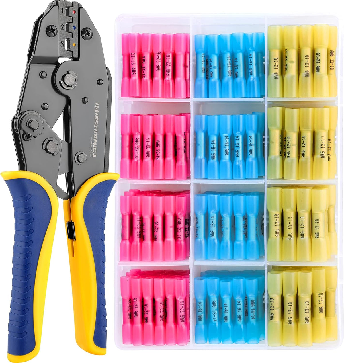 Crimping Tool for Heat Shrink Connectors with 200PCS Marine Grade Heat Shrink Butt Connectors of Tinned Red Copper AWG 20-10 N820