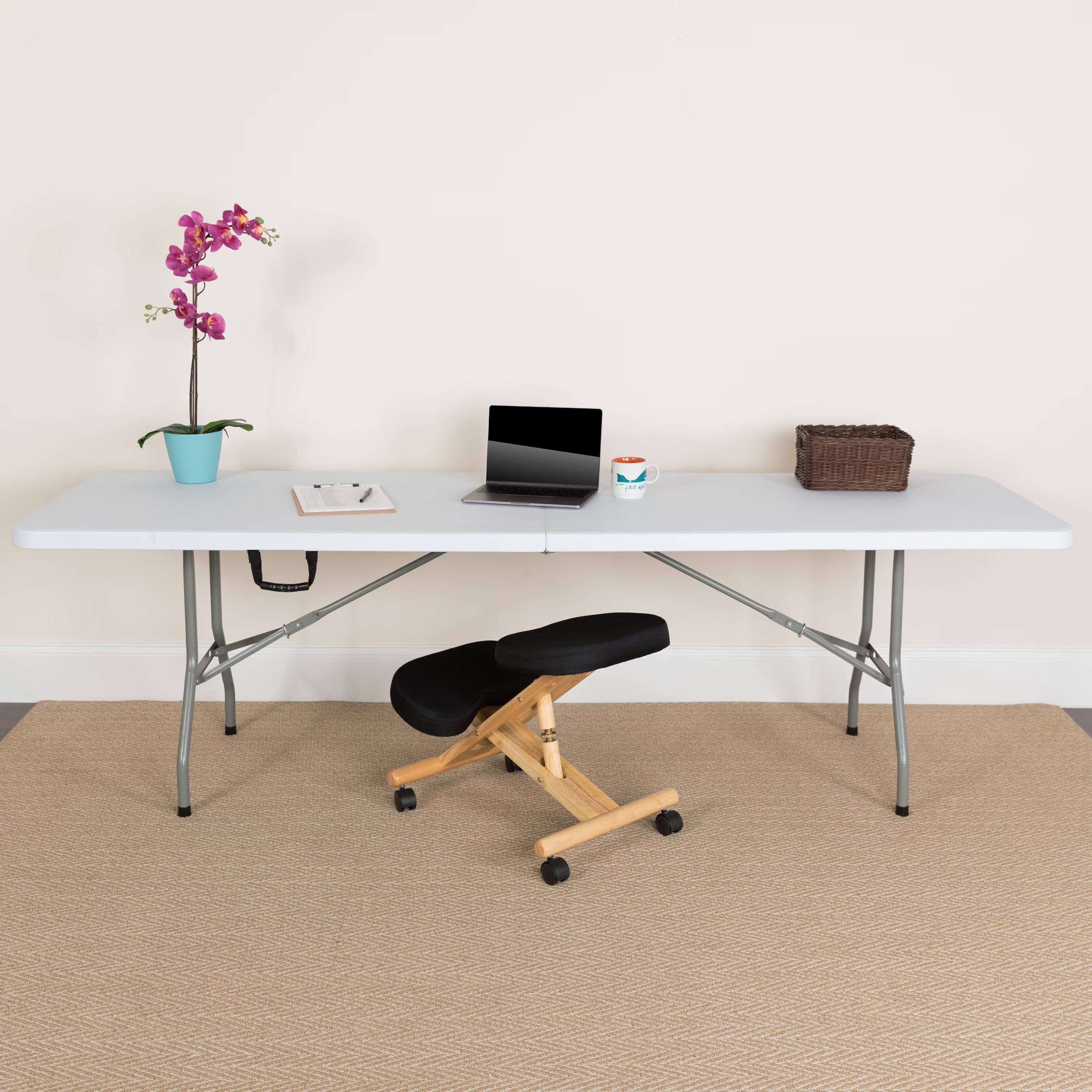 8-Foot Bi-Fold Granite White Plastic Folding Table with Carrying Handle M86786