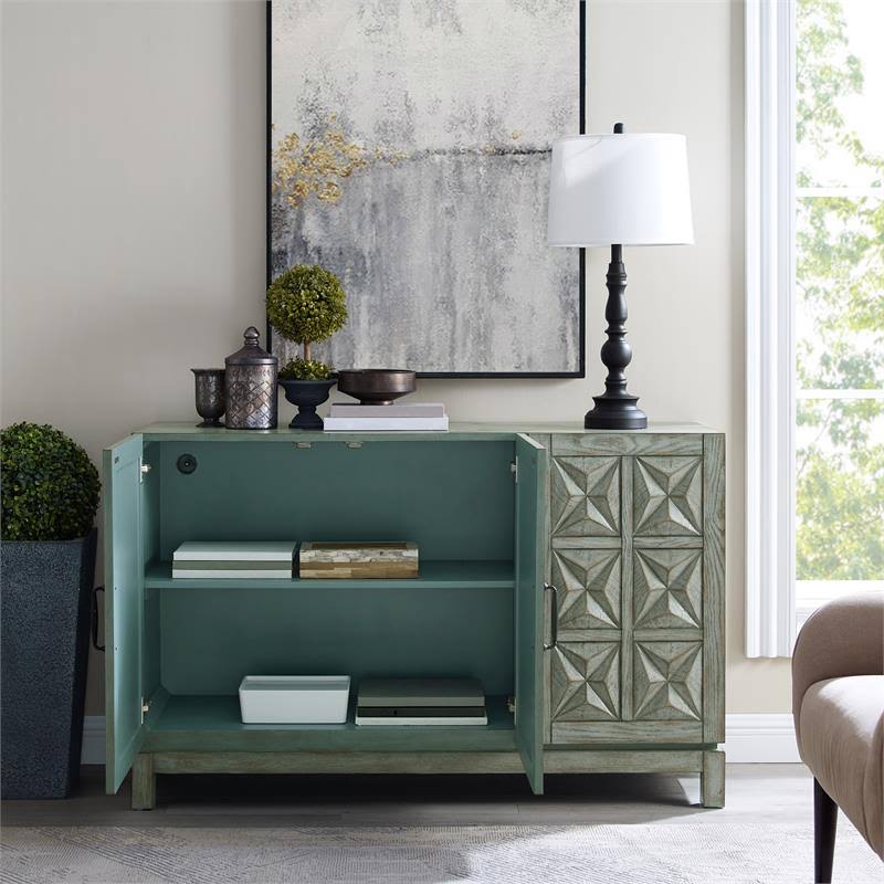 Three Door Carved Wood Console in Distressed Green and Gray Finish N41831