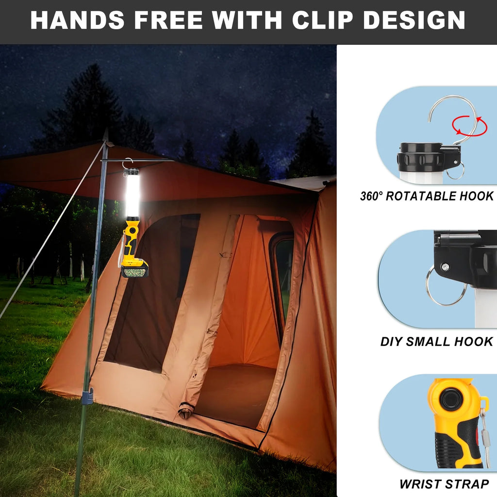 360° Outdoor Camping Lantern with Hooks, 26W 2000LM, for Dewalt 20V Li-ion Battery Q3193