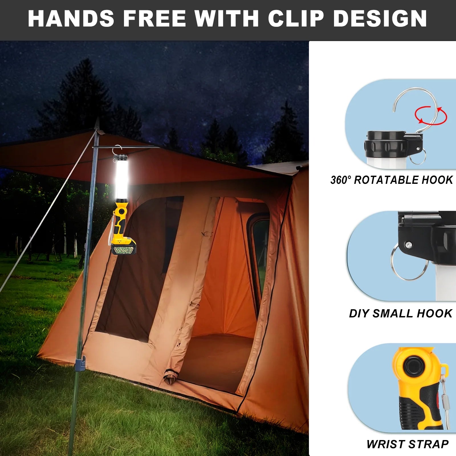 360° Outdoor Camping Lantern with Hooks, 26W 2000LM, for Dewalt 20V Li-ion Battery Q3193