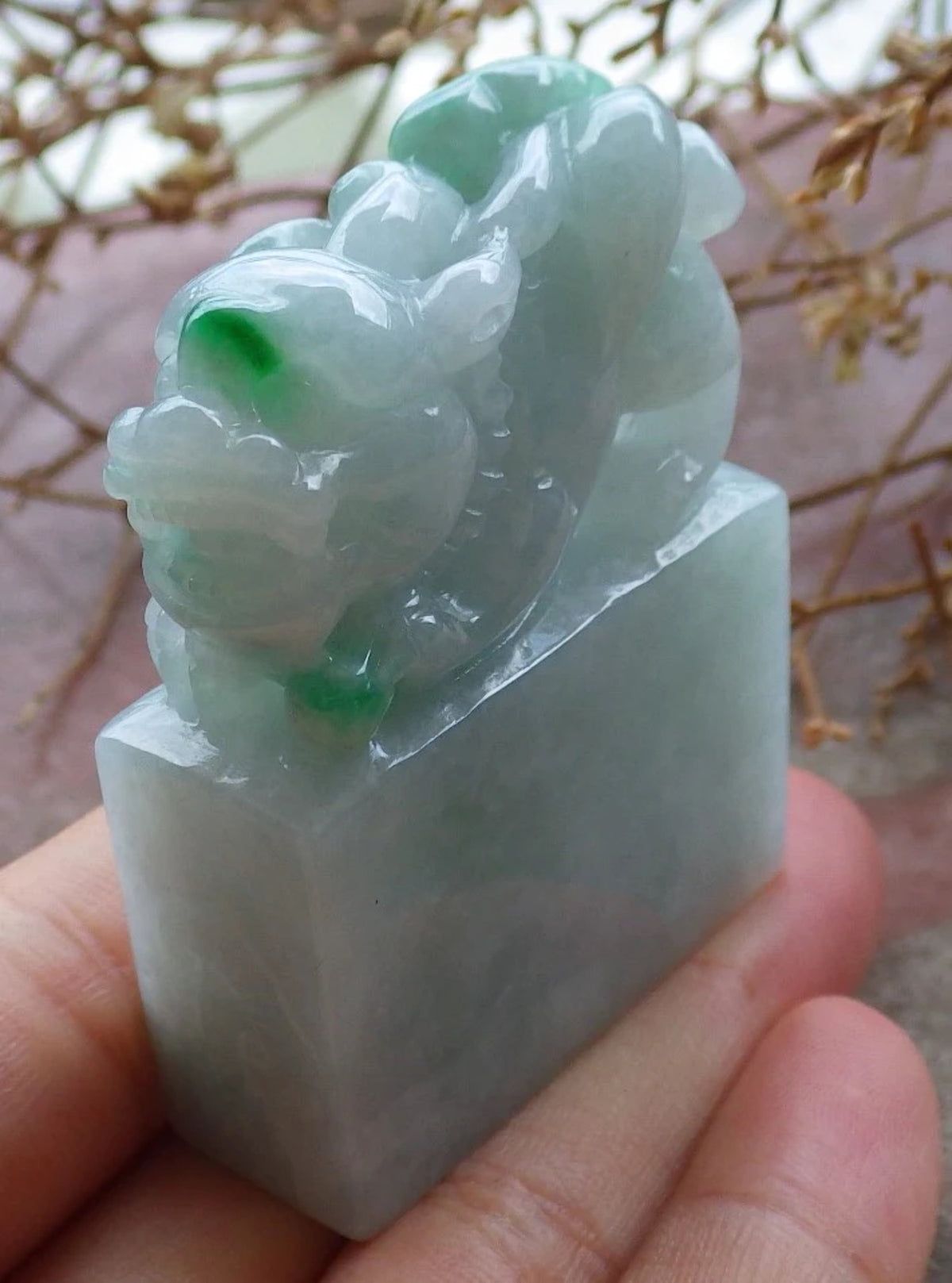 Green Natural Burma Jade Dragon Pi Xiu Chop Seal Display F147