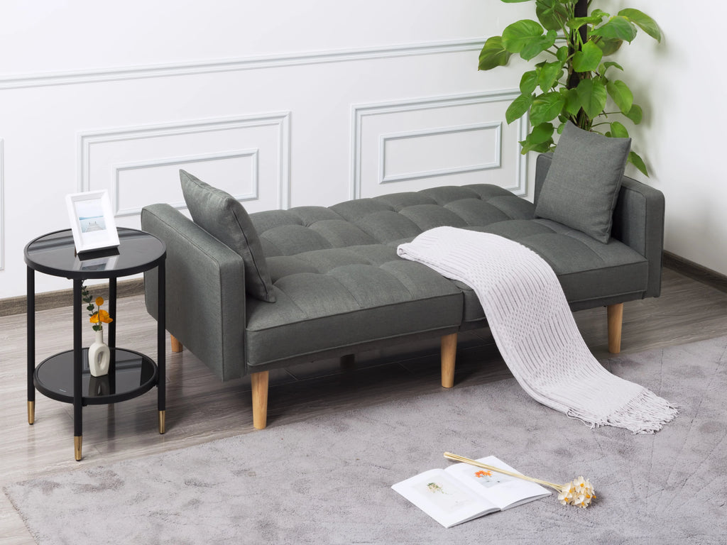 Futon Sofa bed with split back, square arms, and tapered wood legs G523