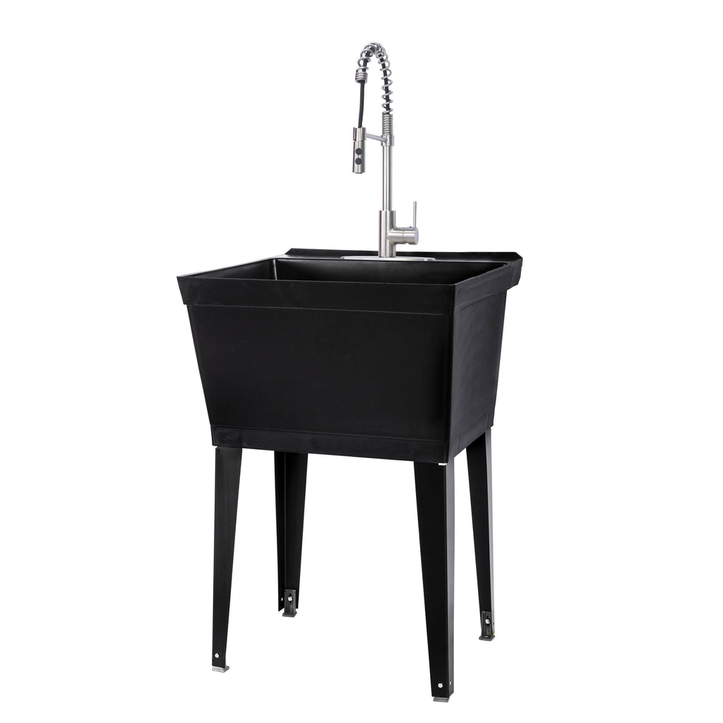 Black Thermoplastic Utility Sink Set with Stainless Steel Coil Pull-Down Faucet D419555