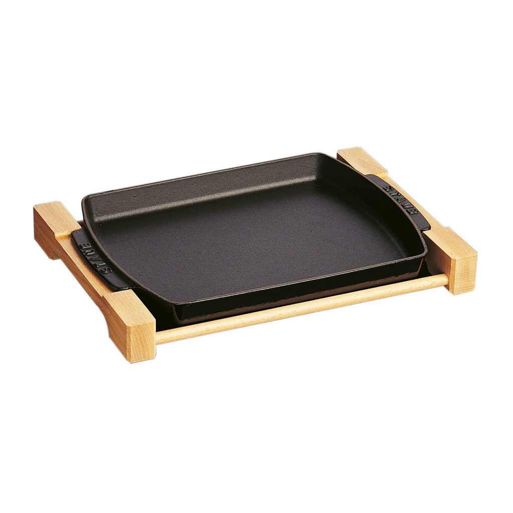 Matte Black Cast Iron Rectangular Serving Dish with Wood Base A802