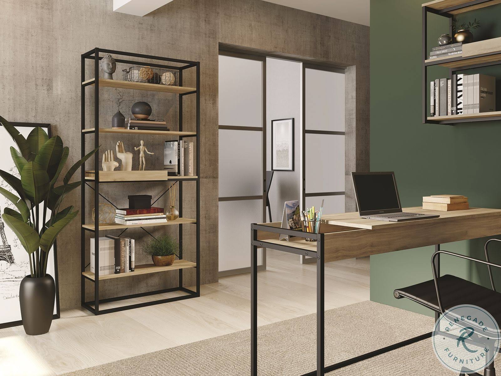 Oak Melamine and Black Painted Metal Bookcase C9224