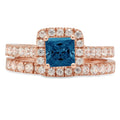 2.01 ct Princess Cut Blue London Blue Topaz 18k Rose Gold Halo Ring Band Set sz 3.5 F674755