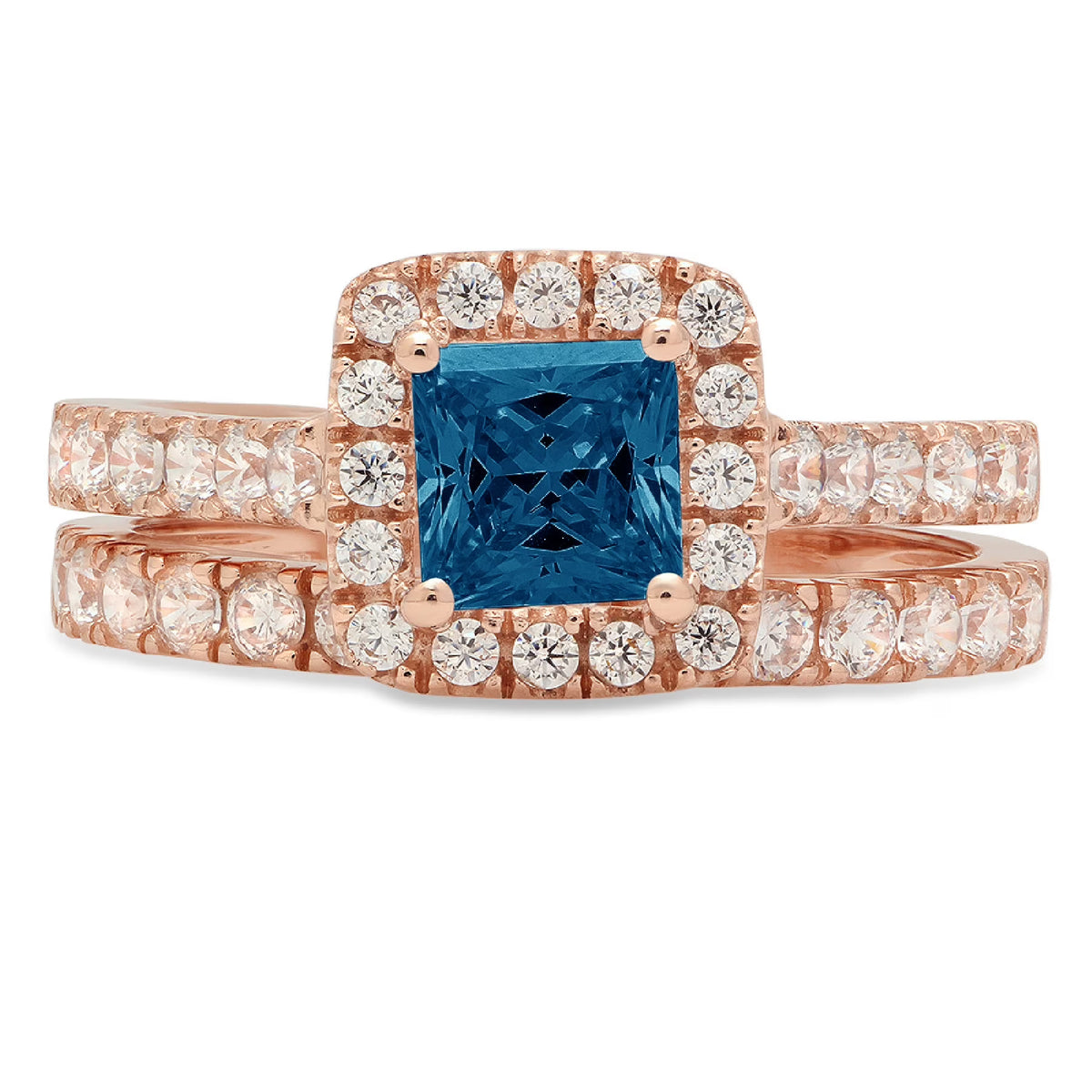 2.01 ct Princess Cut Blue London Blue Topaz 18k Rose Gold Halo Ring Band Set sz 3.5 F674755