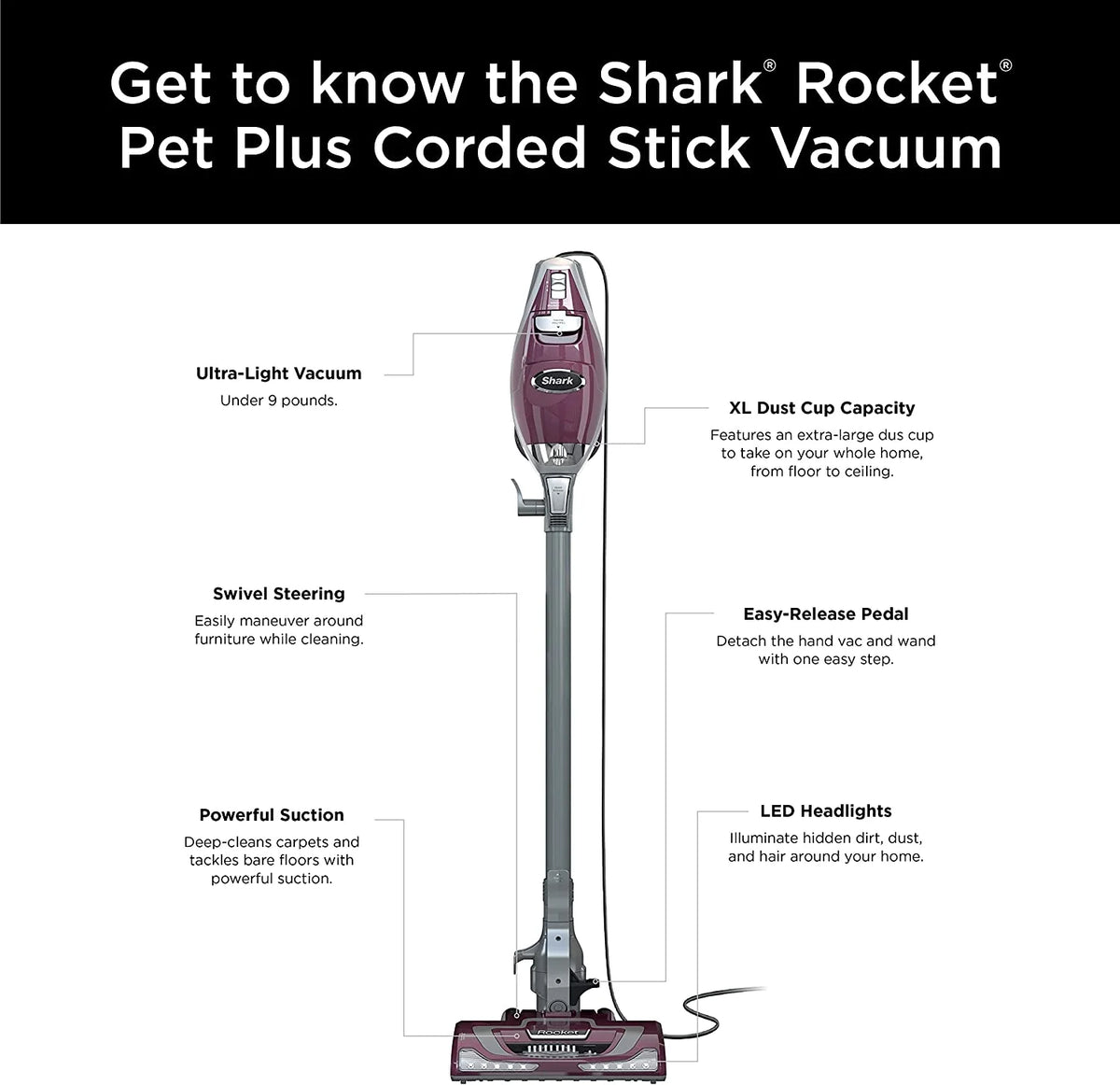 Corded Stick Vacuum with LED Headlights, XL Dust Cup, Pet Attachments D78676
