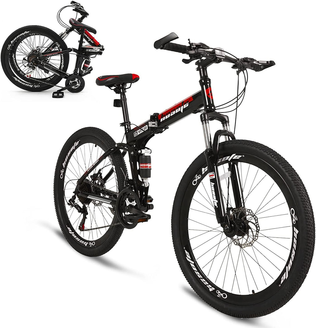 26 Inch Folding Full Suspension Mountain Bike, 21 Speed High-Tensile Carbon Steel Frame, Dual Disc Brake Bicycle O113