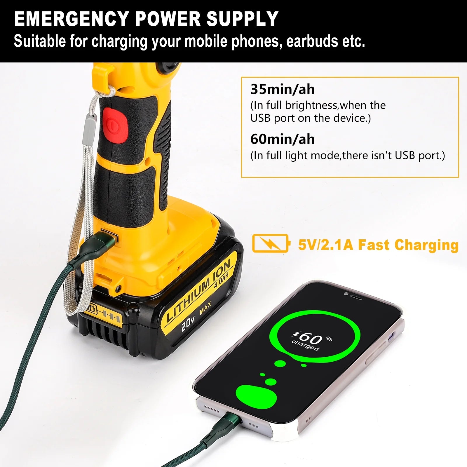 360° Outdoor Camping Lantern with Hooks, 26W 2000LM, for Dewalt 20V Li-ion Battery Q3193