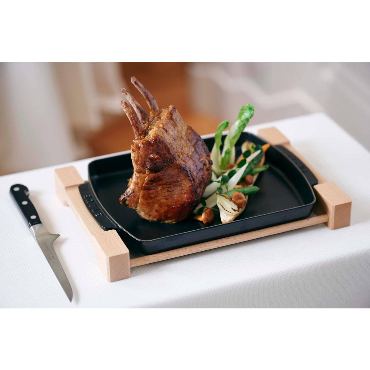 Matte Black Cast Iron Rectangular Serving Dish with Wood Base A802