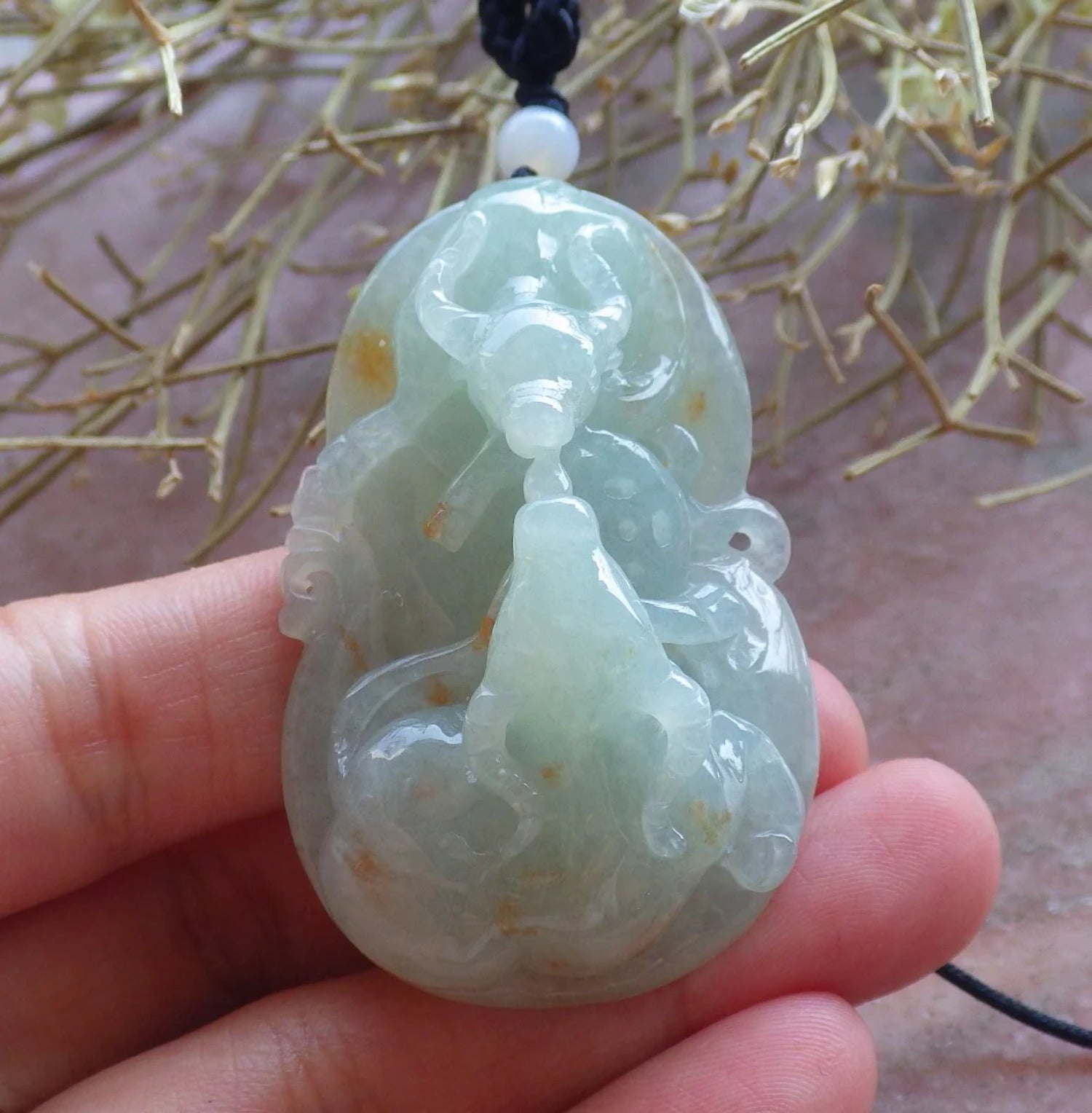 Green Hand Carved Natural Jade Zodiac Ox Pendant Necklace U786226