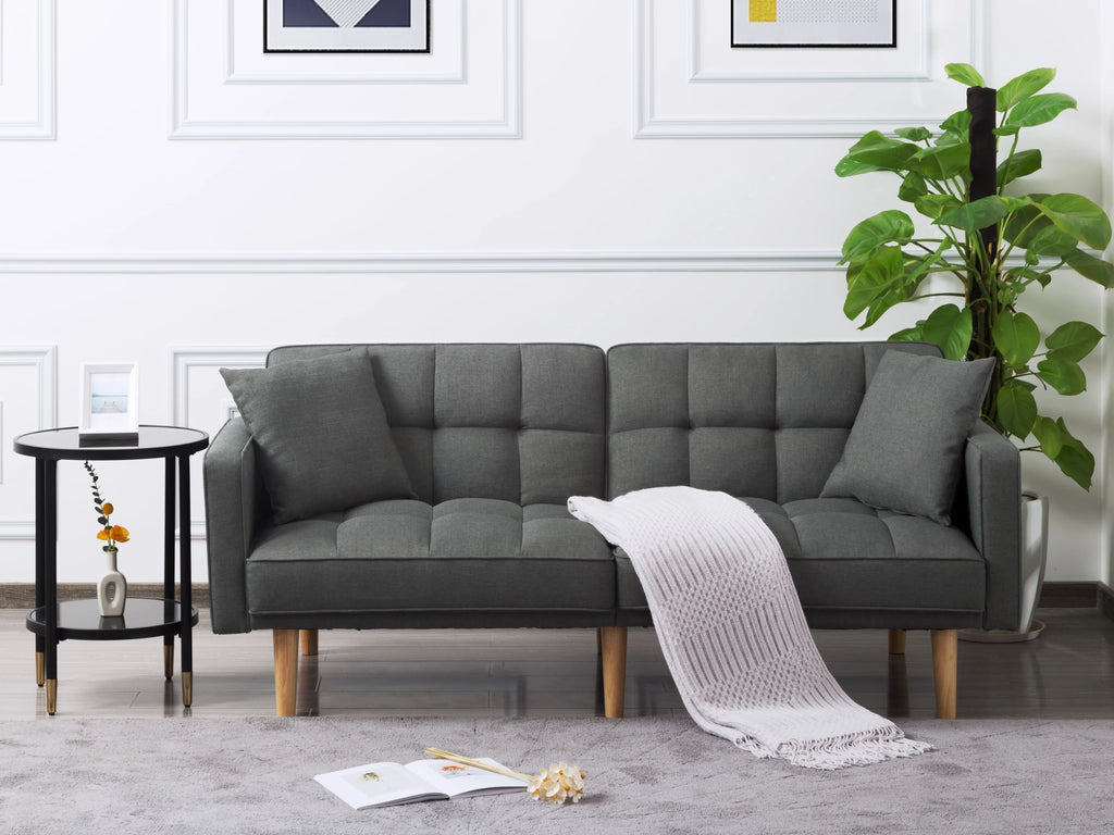 Futon Sofa bed with split back, square arms, and tapered wood legs G523