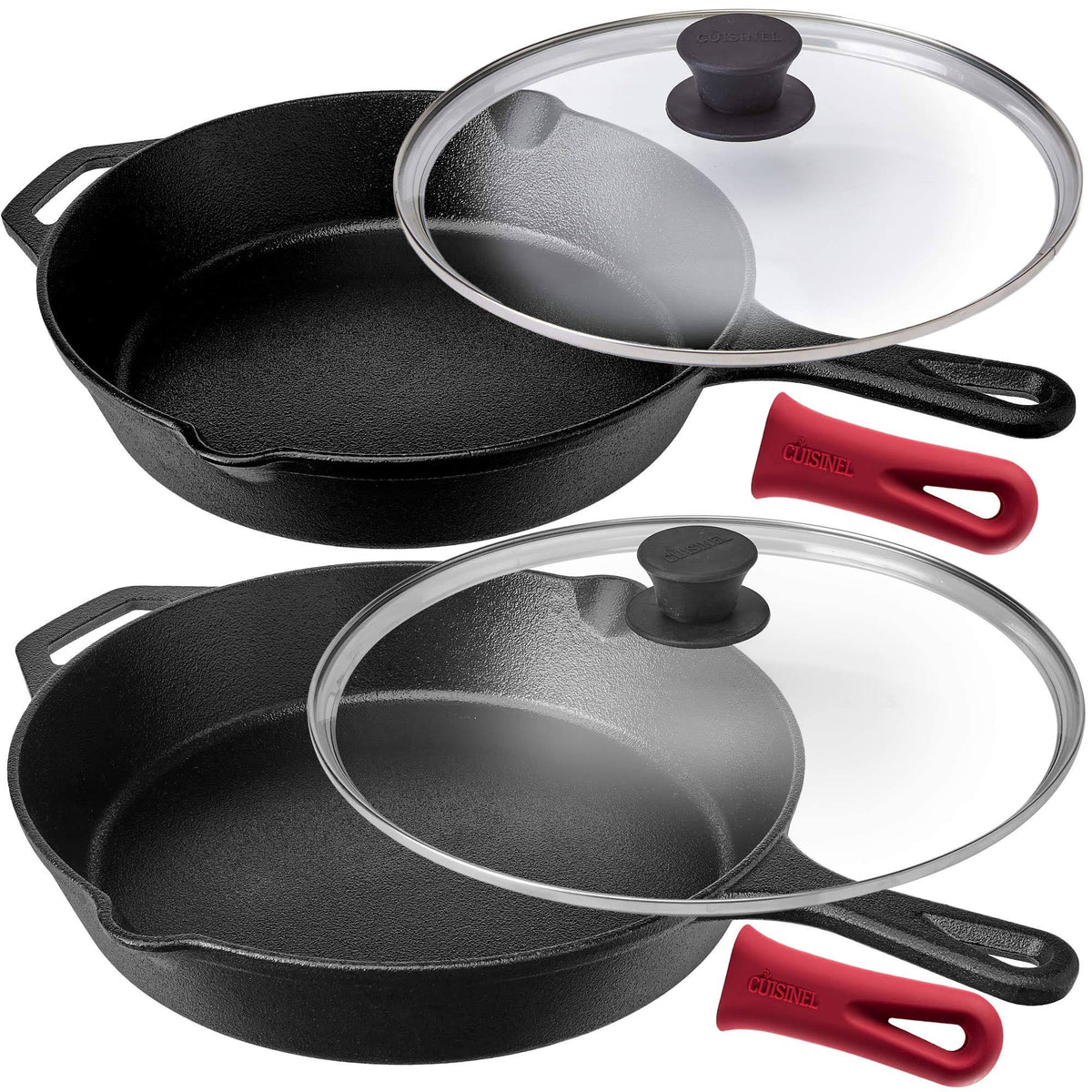Pre-Seasoned Cast Iron Skillet 2-Piece Set with Glass Lids Oven Safe Cookware X89596