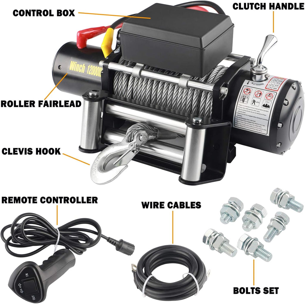 12V DC Winch with Steel Cable Wire Rope, 5.4 Ton (12000 lb) Pulling Capacity C143414
