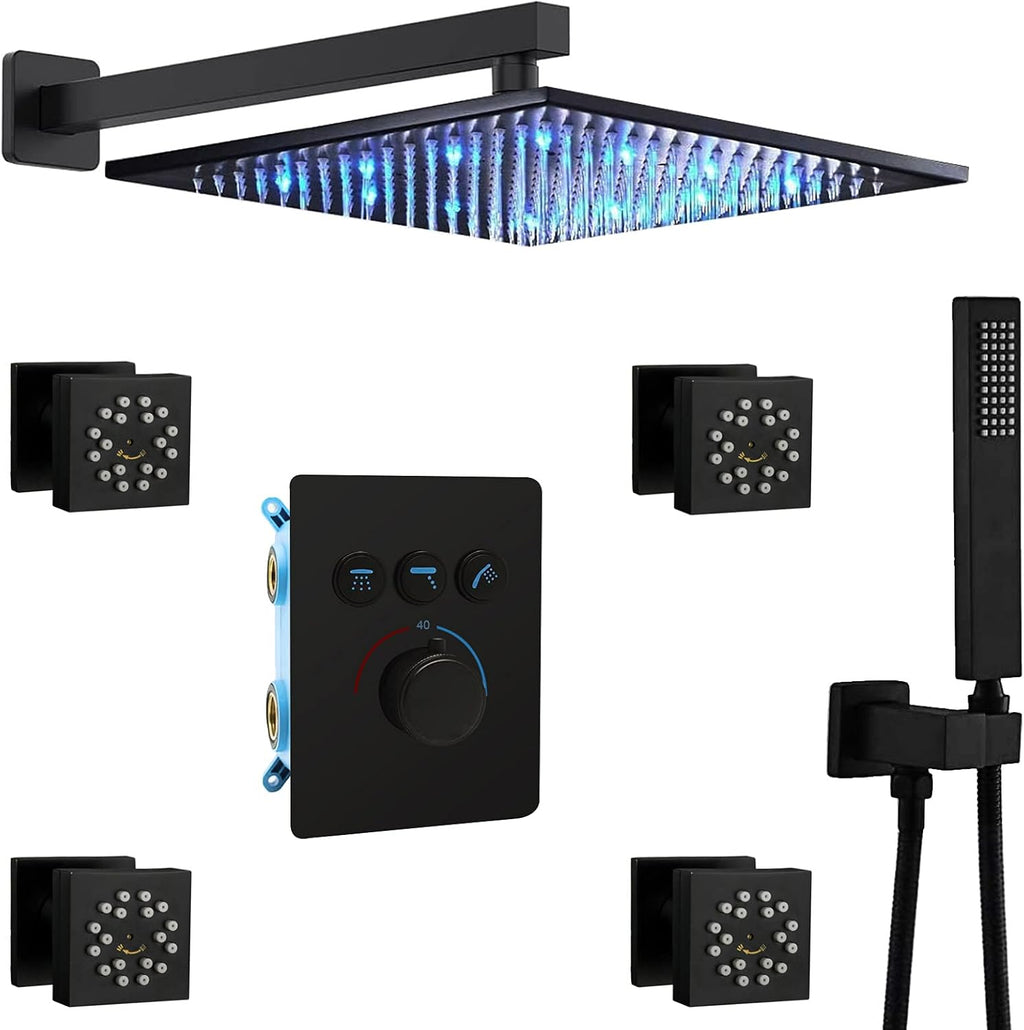 Matte Black 12 Square LED Rain Showerhead with Thermostatic Valve T863220