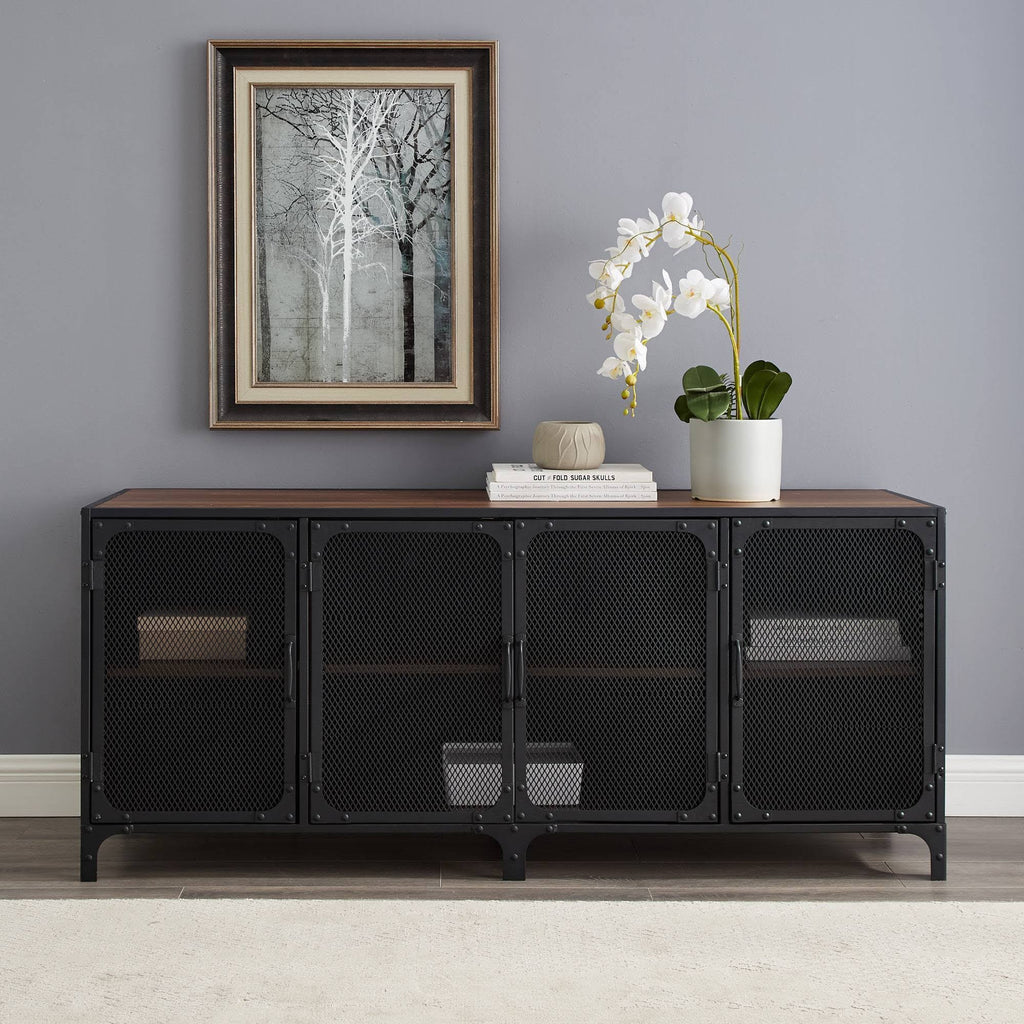 4 Door Metal Mesh TV Stand Dark Walnut S58858