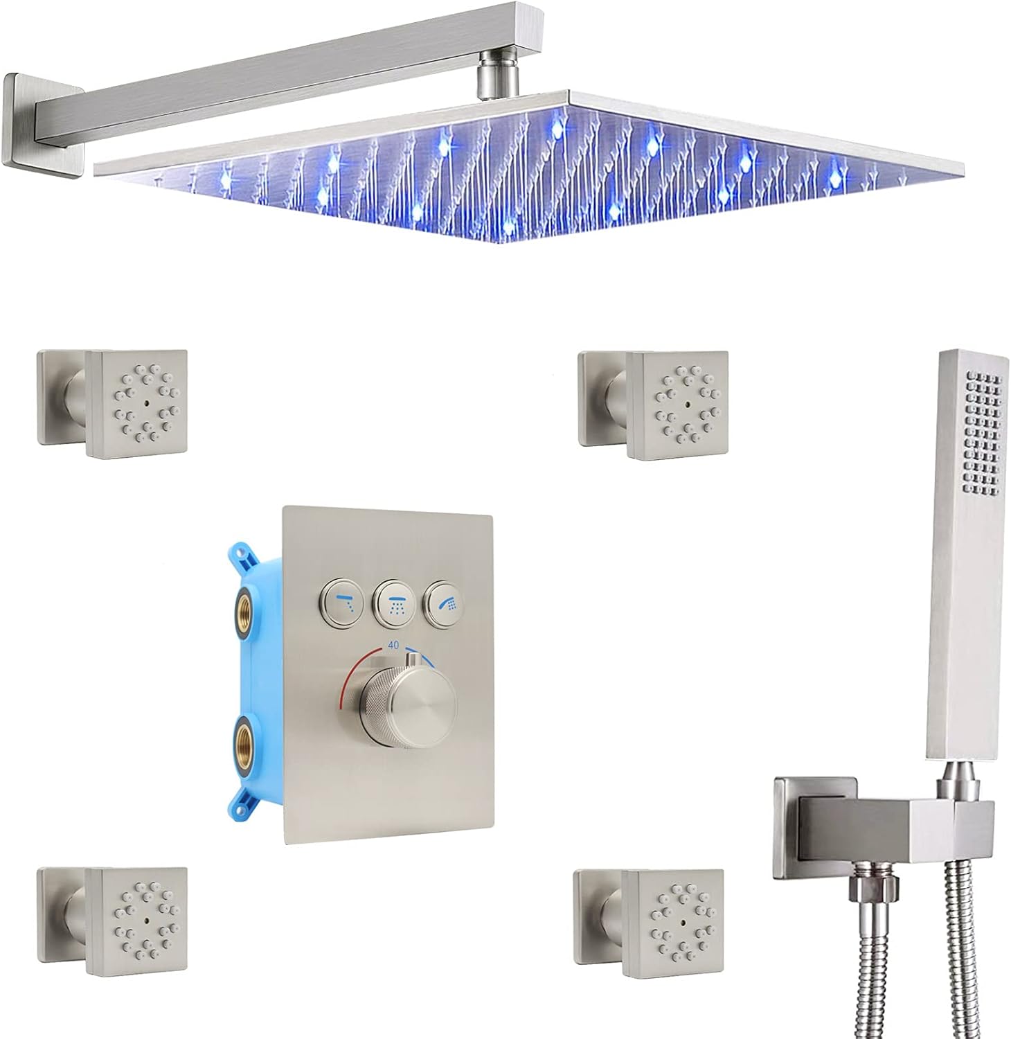 Matte Black 12 Square LED Rain Showerhead with Thermostatic Valve T863220