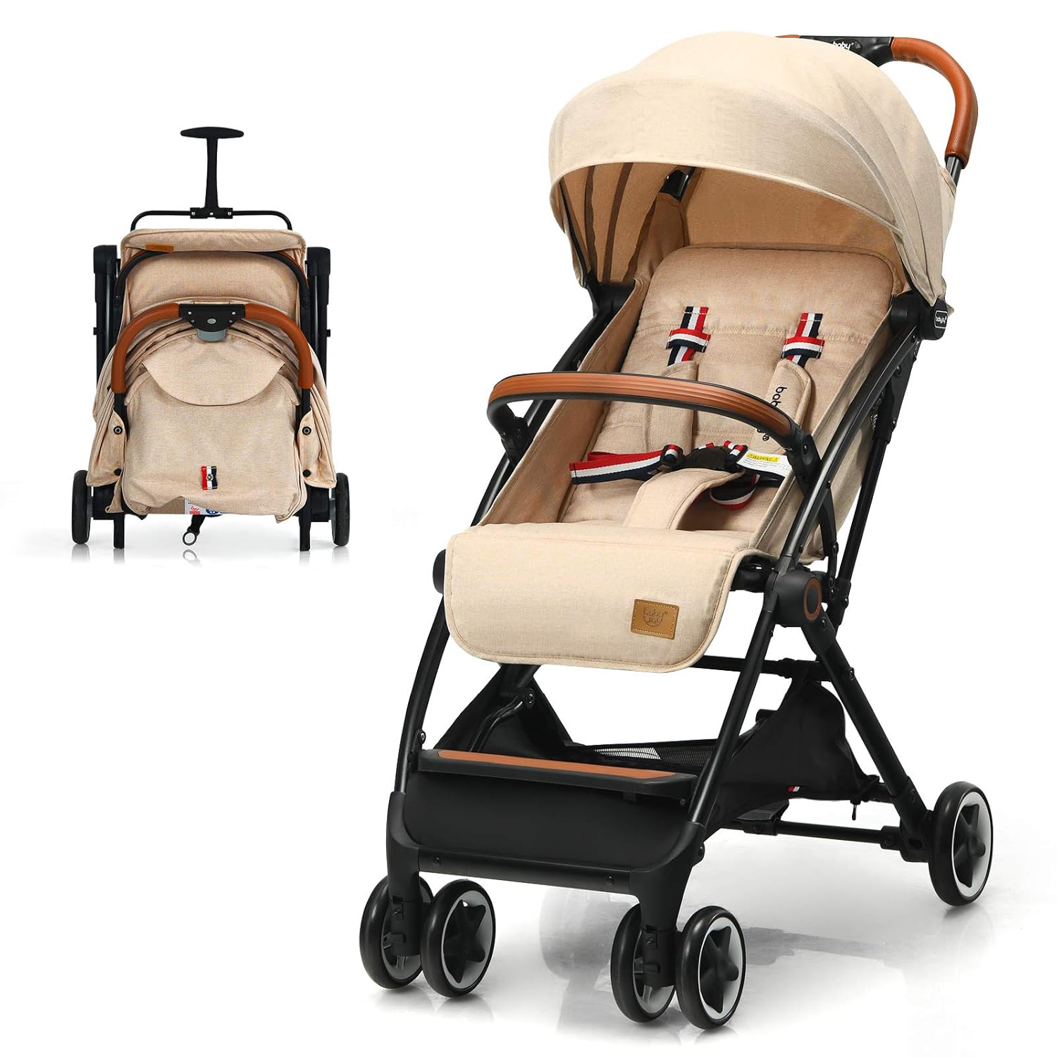 Beige Lightweight Baby Stroller with 5-Point Harness E38564