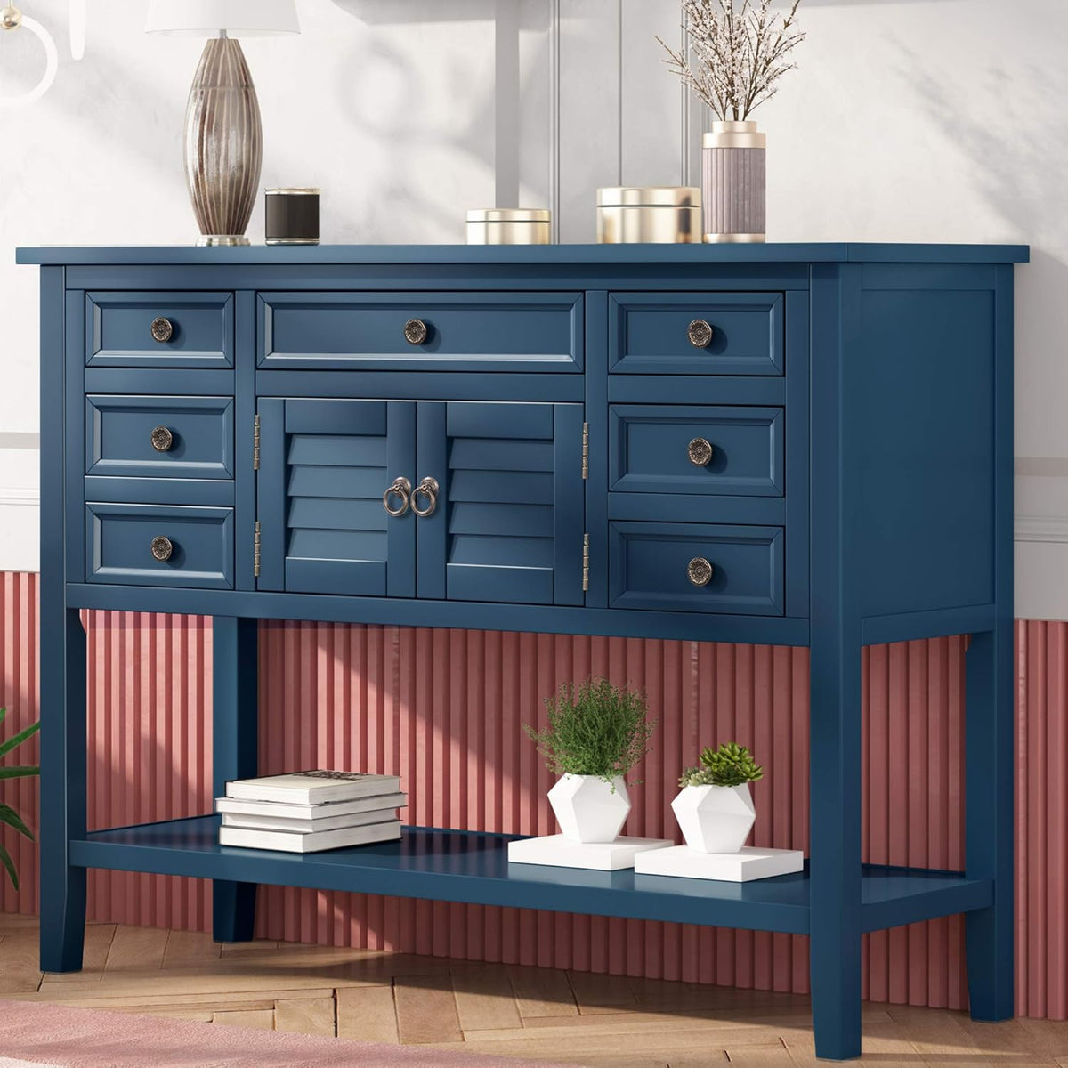 Buffet Table with Cabinet, 7 Storage Drawers and Bottom Shelf M6336