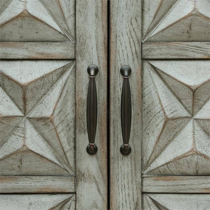 Three Door Carved Wood Console in Distressed Green and Gray Finish N41831