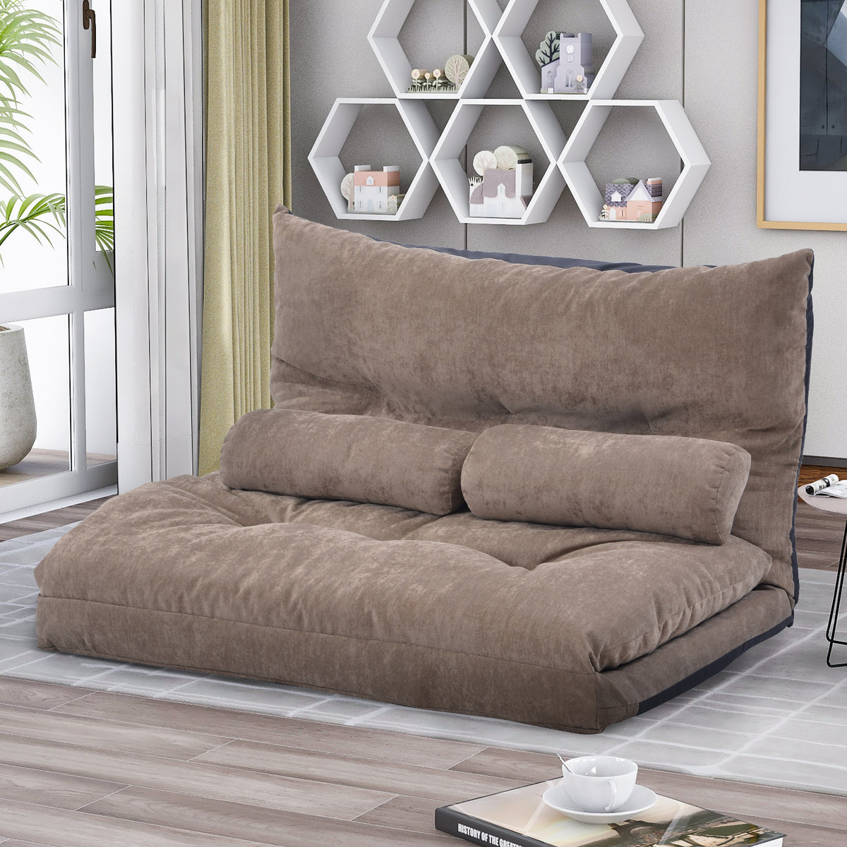 Light Brown Sofa Bed Folding Futon with Two Pillows K655