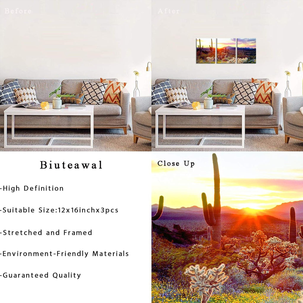 3 Piece Saguaro Cactus Canvas Wall Art Sunset at Arizona Sonoran Desert Landscape Painting Print X259