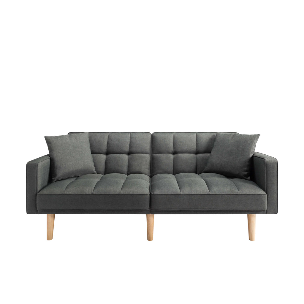 Futon Sofa bed with split back, square arms, and tapered wood legs G523